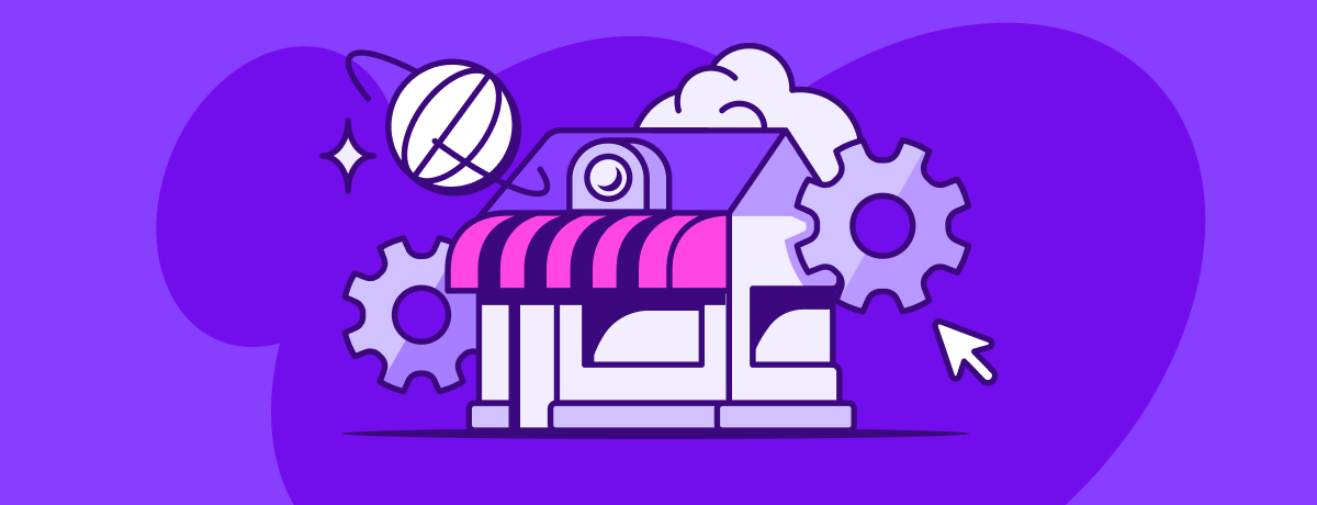 Storefront with a pink awning, surrounded by gears, a spinning globe, and a cloud.