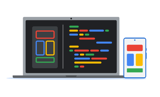 An illustration of a browser with content blocks on it. Developer brackets, a grid pointing to one of the content blocks, and an icon for a editable image surround it.