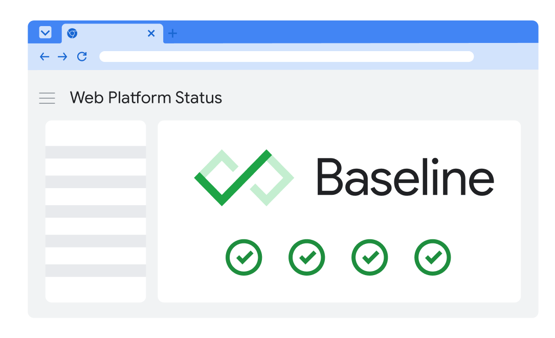An illustration of a browser window with the Baseline logo and four checkmarks inside. A magnifying glass is positioned on the corner.